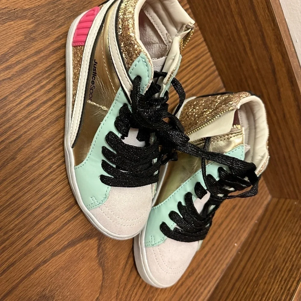 Justice sport girls metallic, gold, and blue high top sneakers size 1
